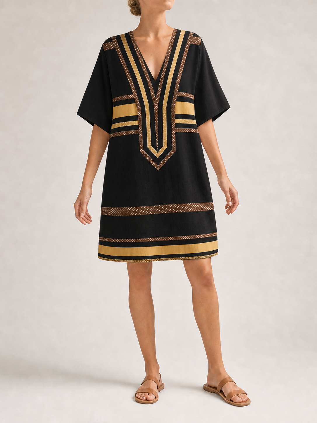 Women's black and gold geometric kaftan mini dress
