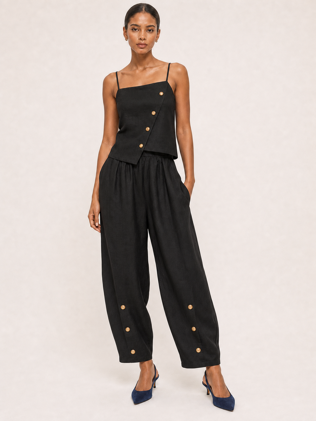 Women's black asymmetric button two-piece set