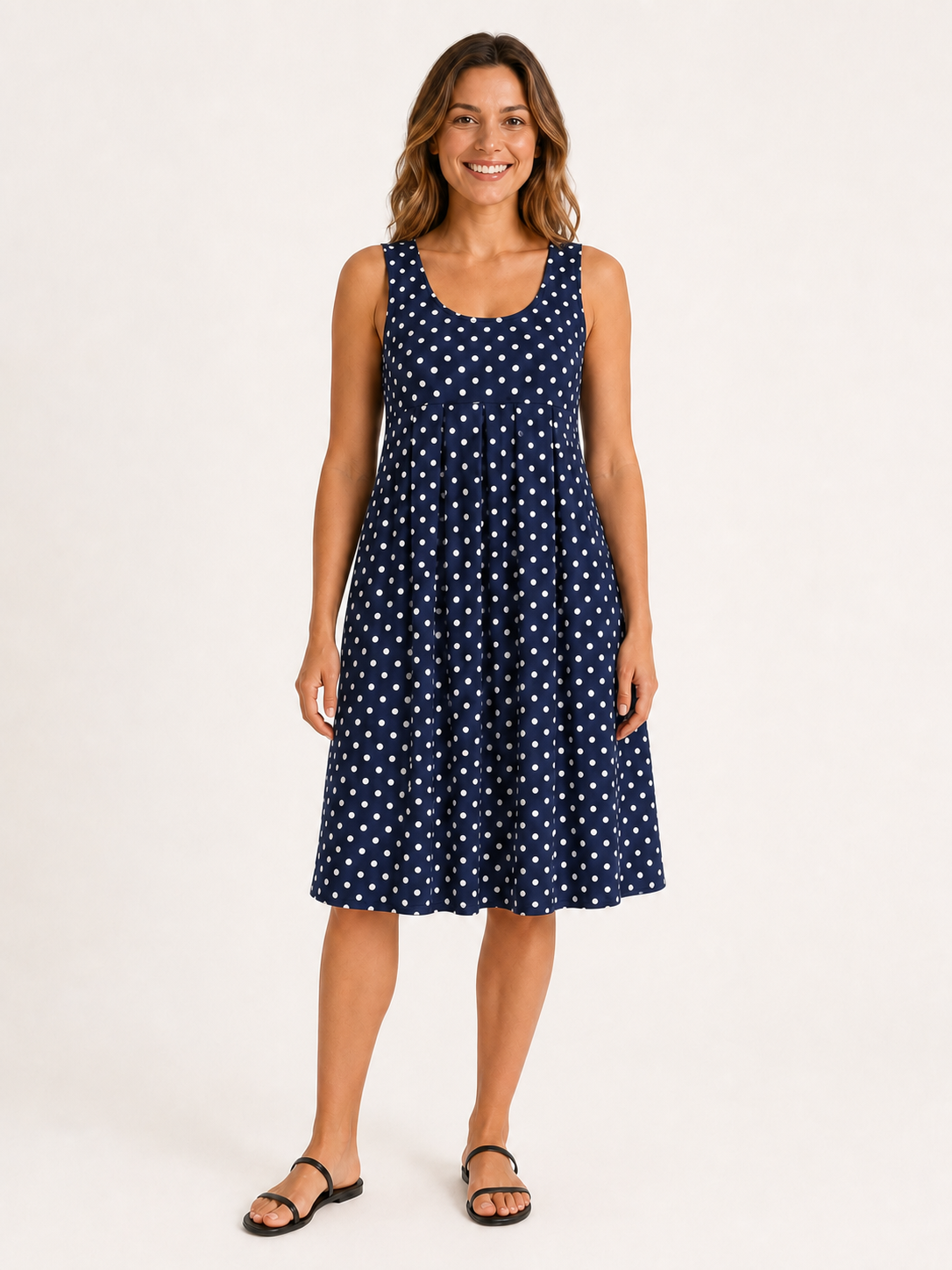 Women's navy and white polka dot empire-waist dress