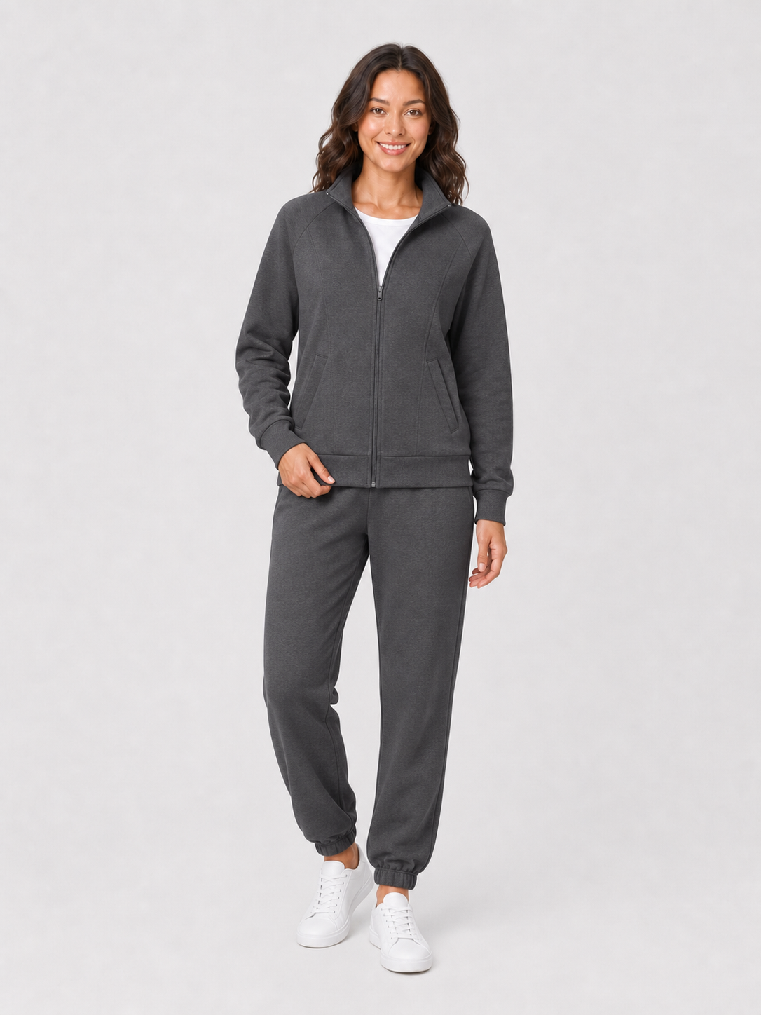 Women's jacket and jogger set in charcoal gray