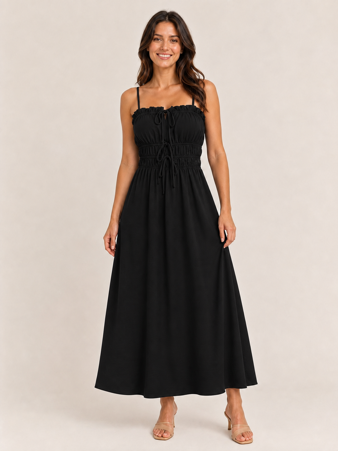 Women's black ruched drawstring maxi dress