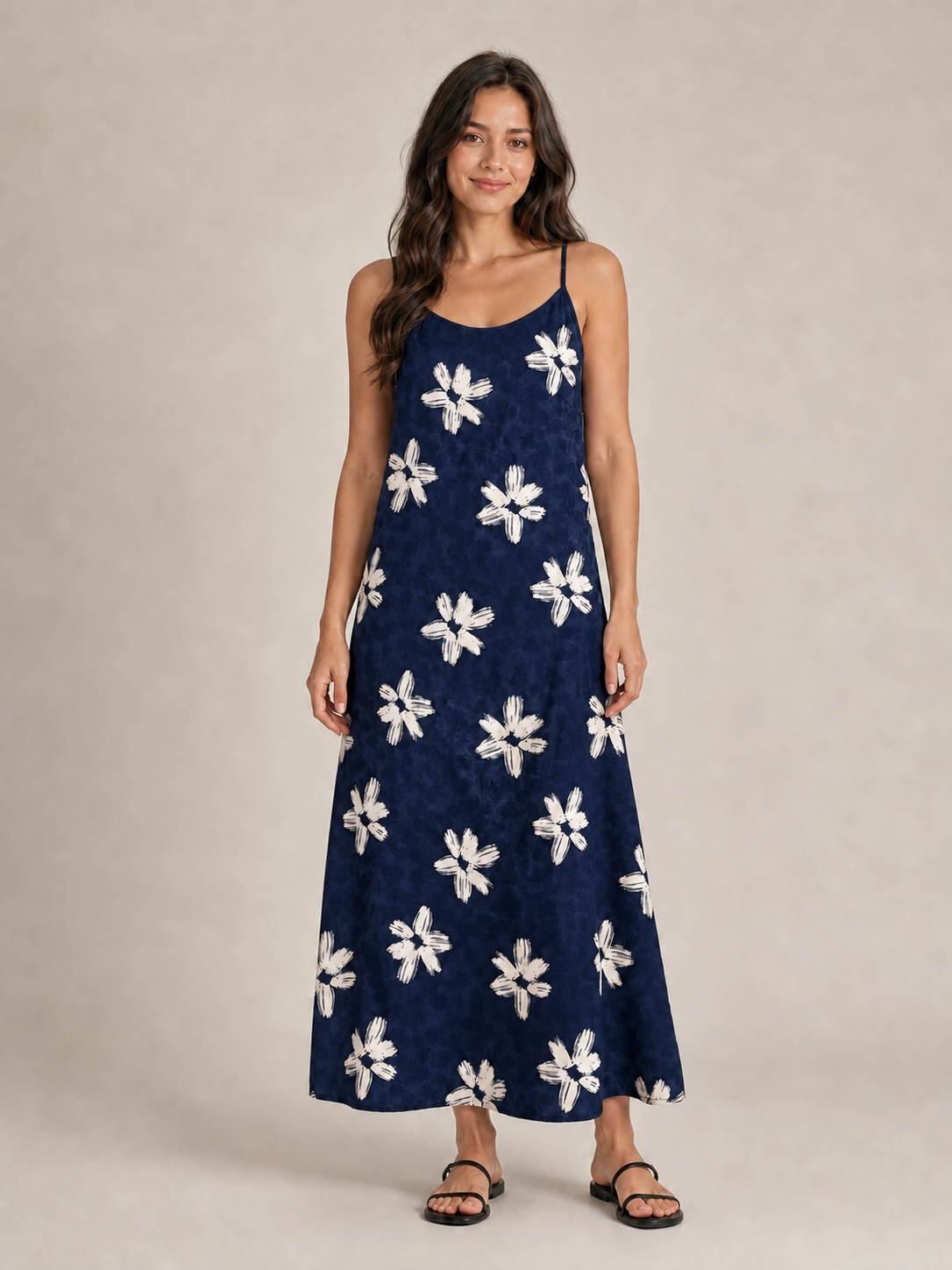 Women's deep navy ivory floral maxi dress