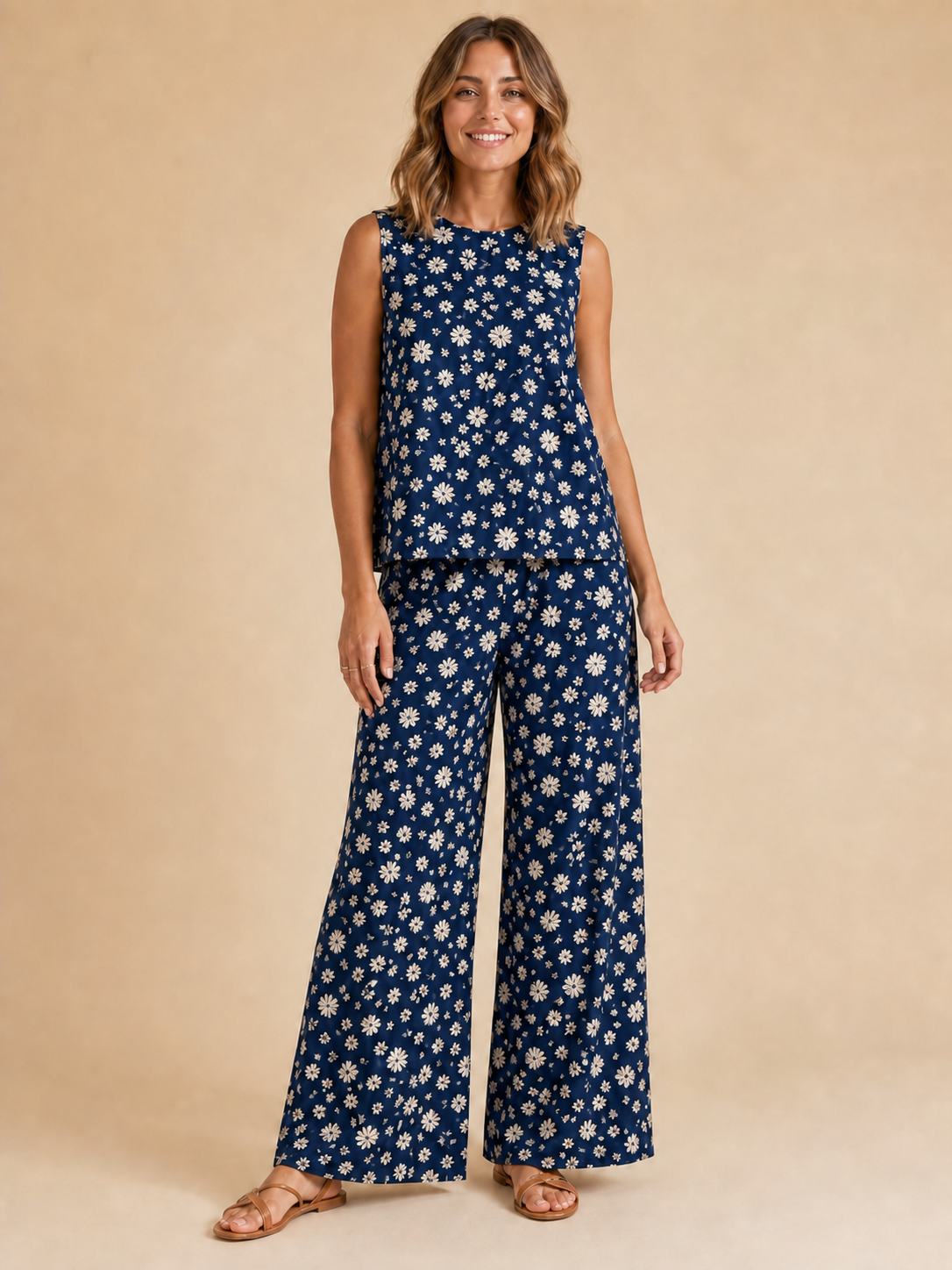 Women's deep navy daisy wide-leg set