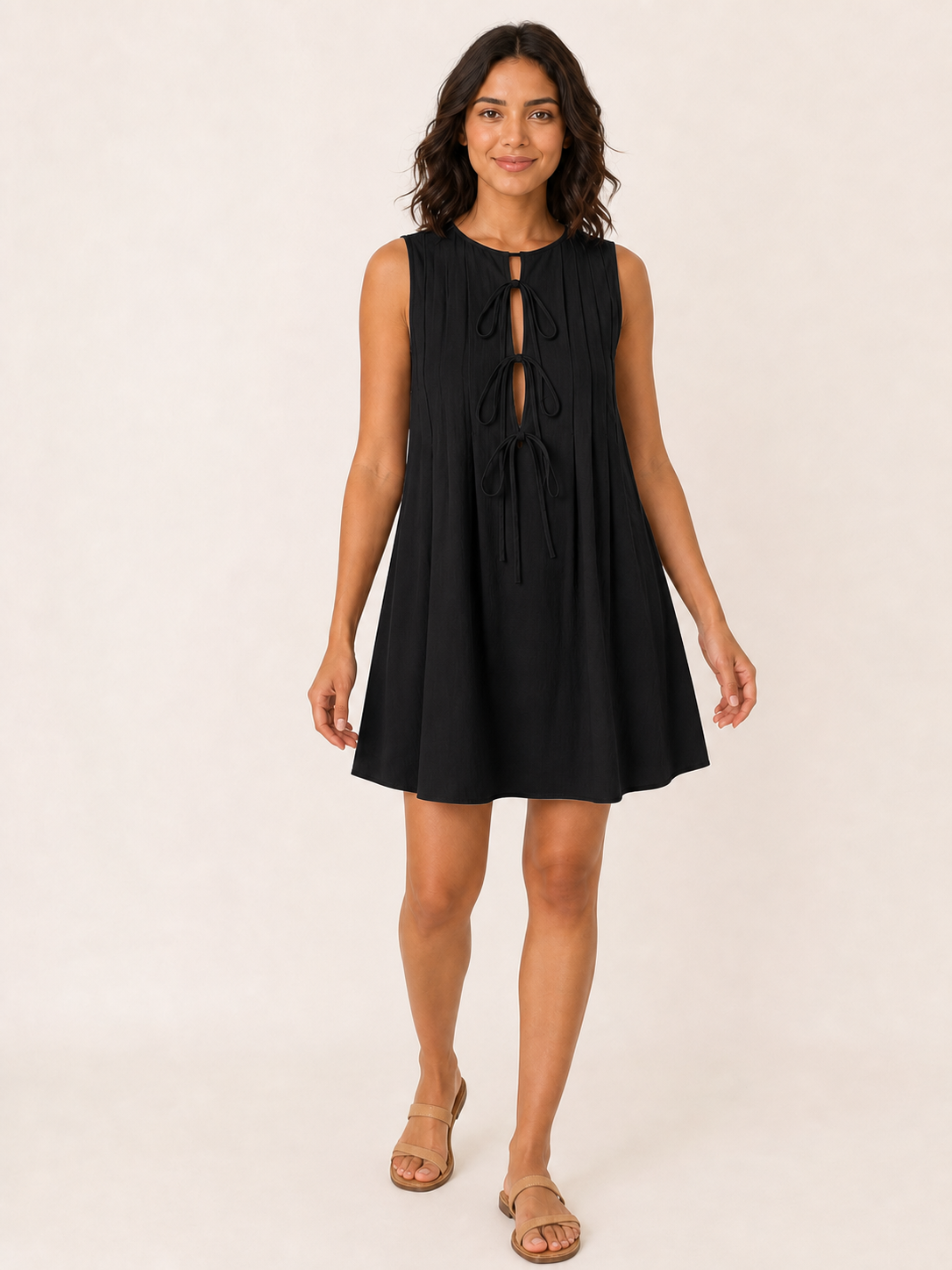 Women's black tie-front pintuck mini dress