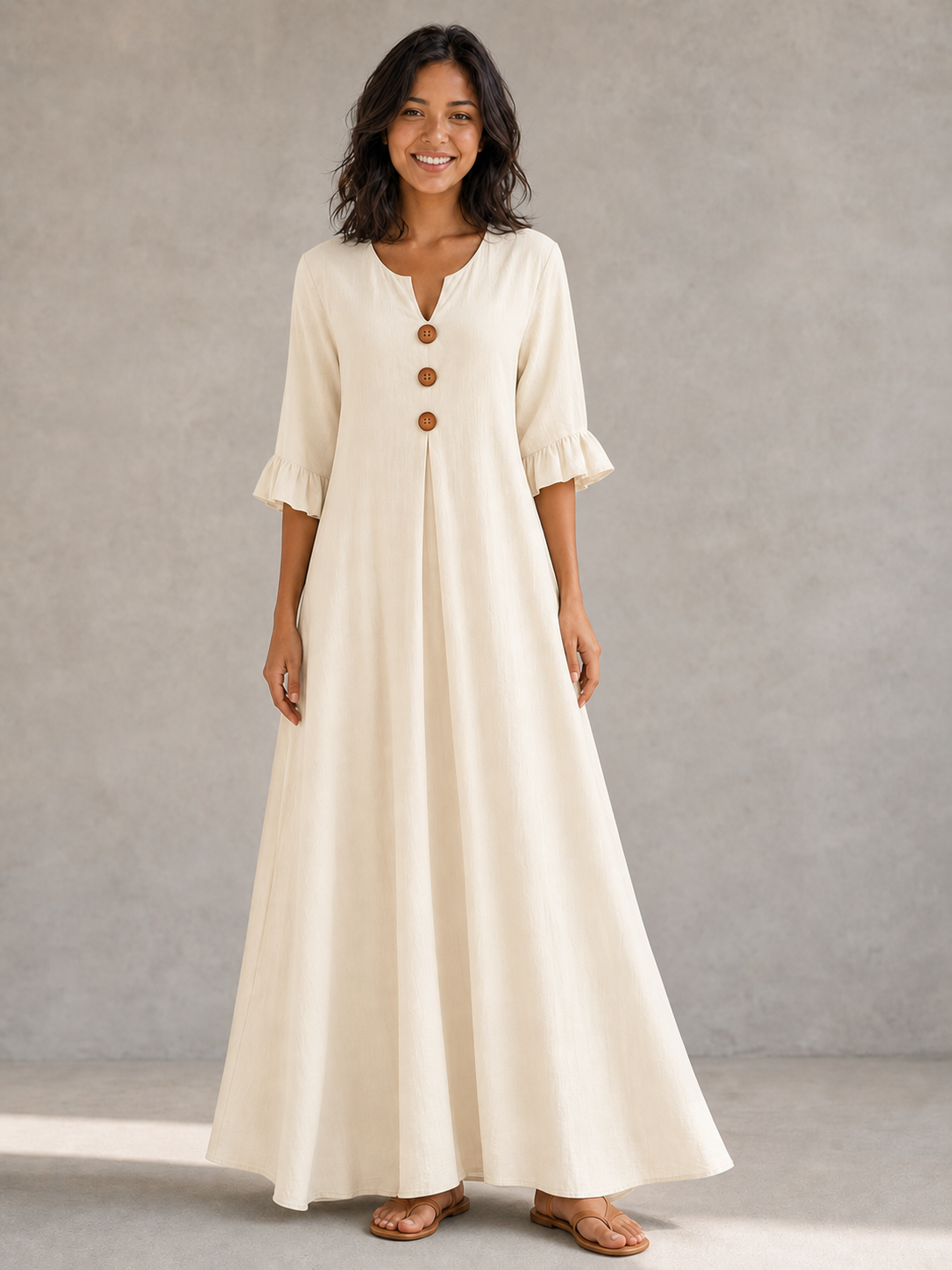 Women's wood-button maxi dress in ivory cream
