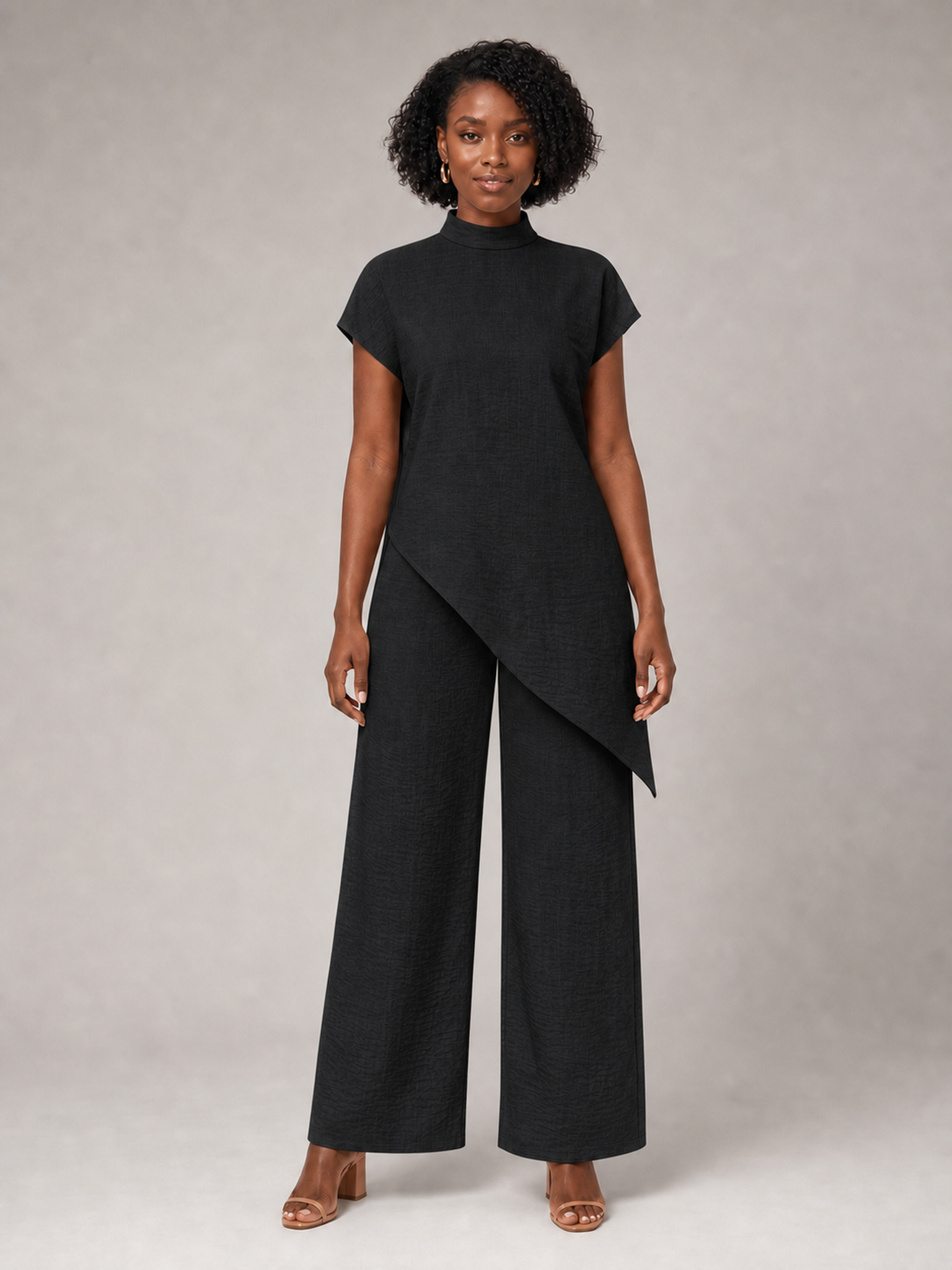 Women's black asymmetric tunic wide-leg pants set