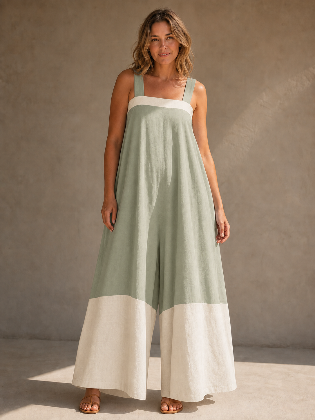 Women's sage green and ivory wide-leg jumpsuit