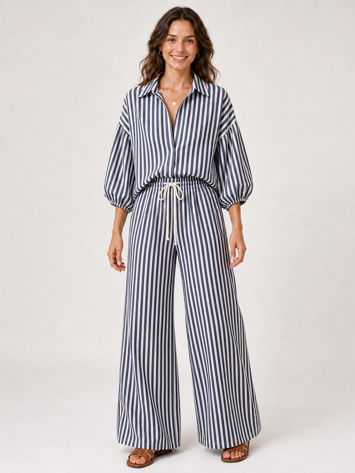 Women's navy and white striped pants set