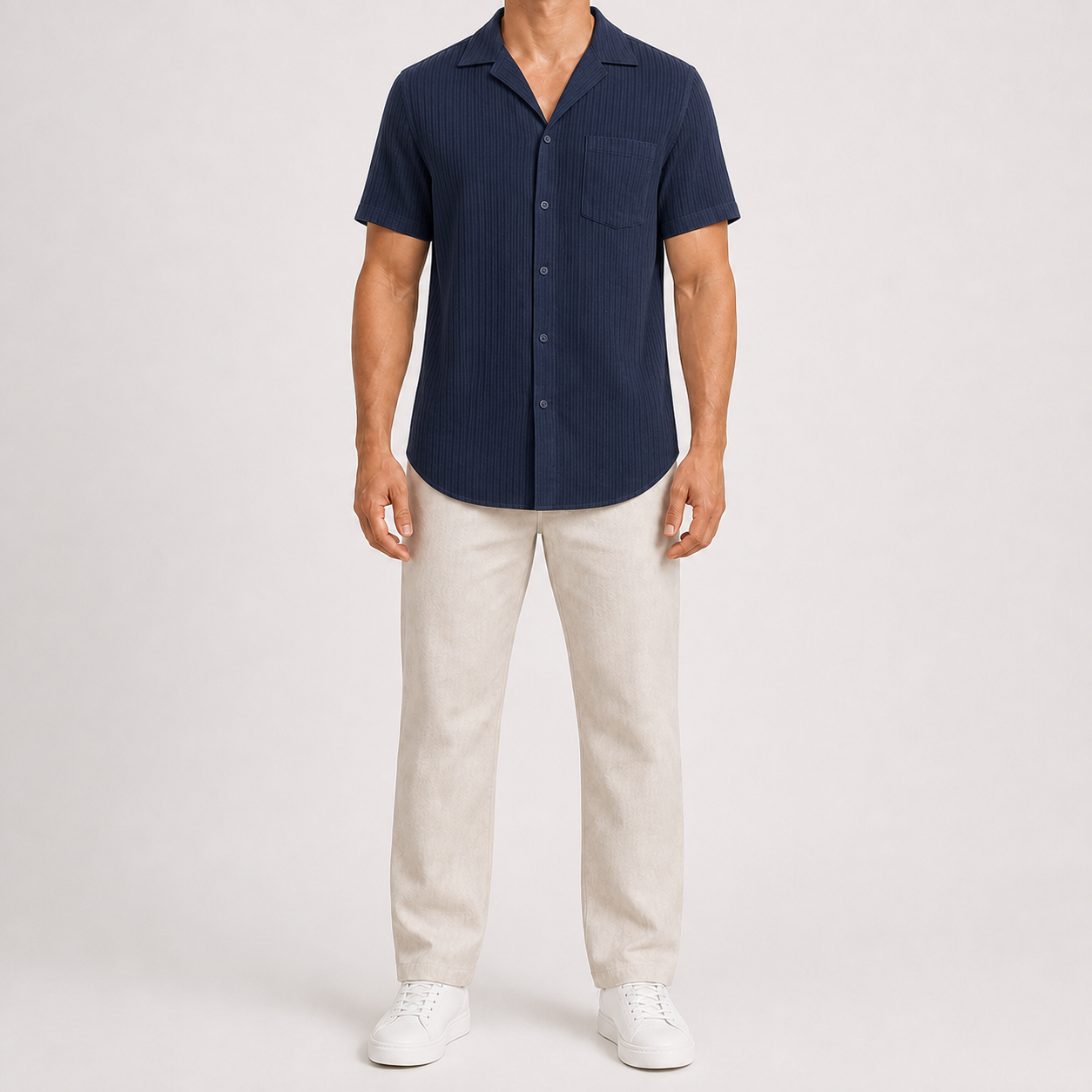Navy men's pleated texture short-sleeve shirt