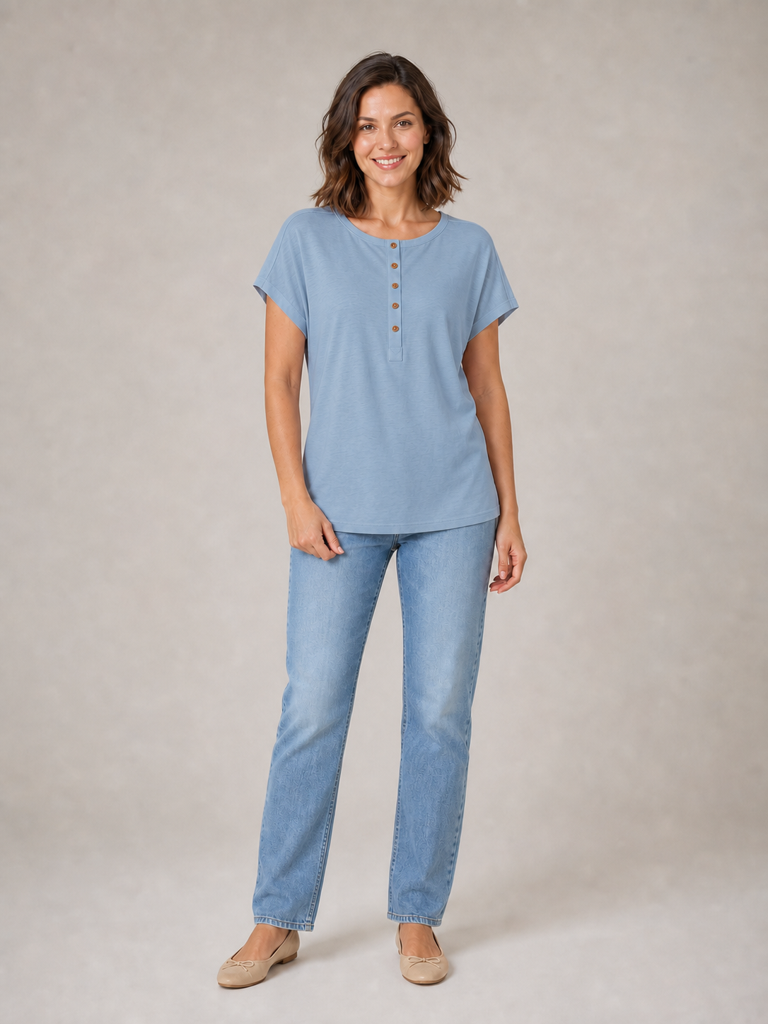 Women's dusty blue button Henley dolman top