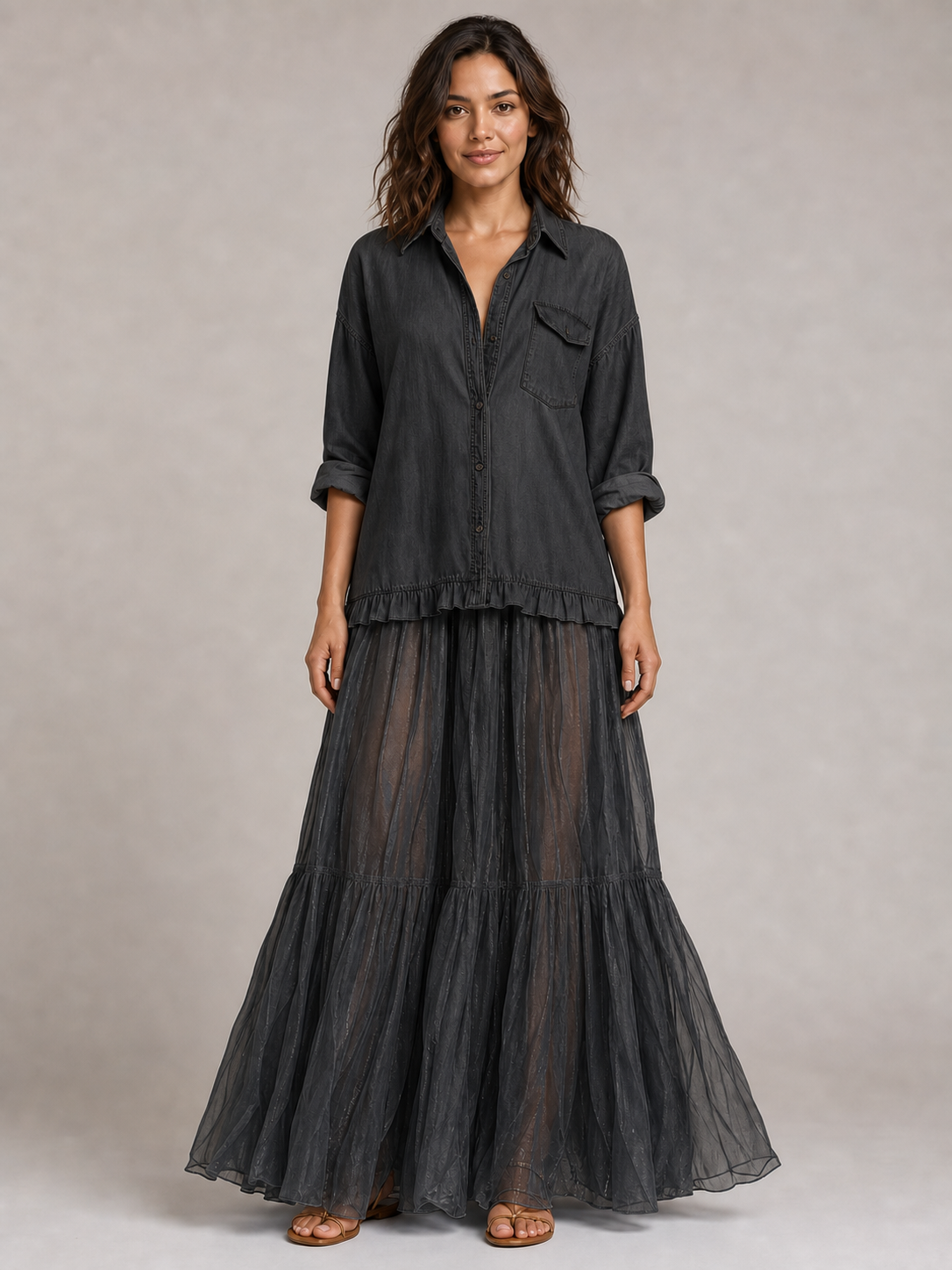 Women's black and charcoal ruffle shirt maxi skirt set