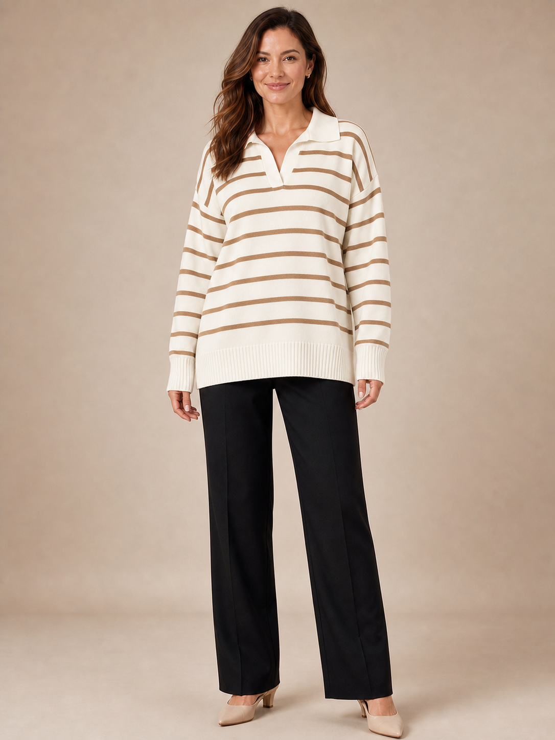 Women's cream and camel striped knit top