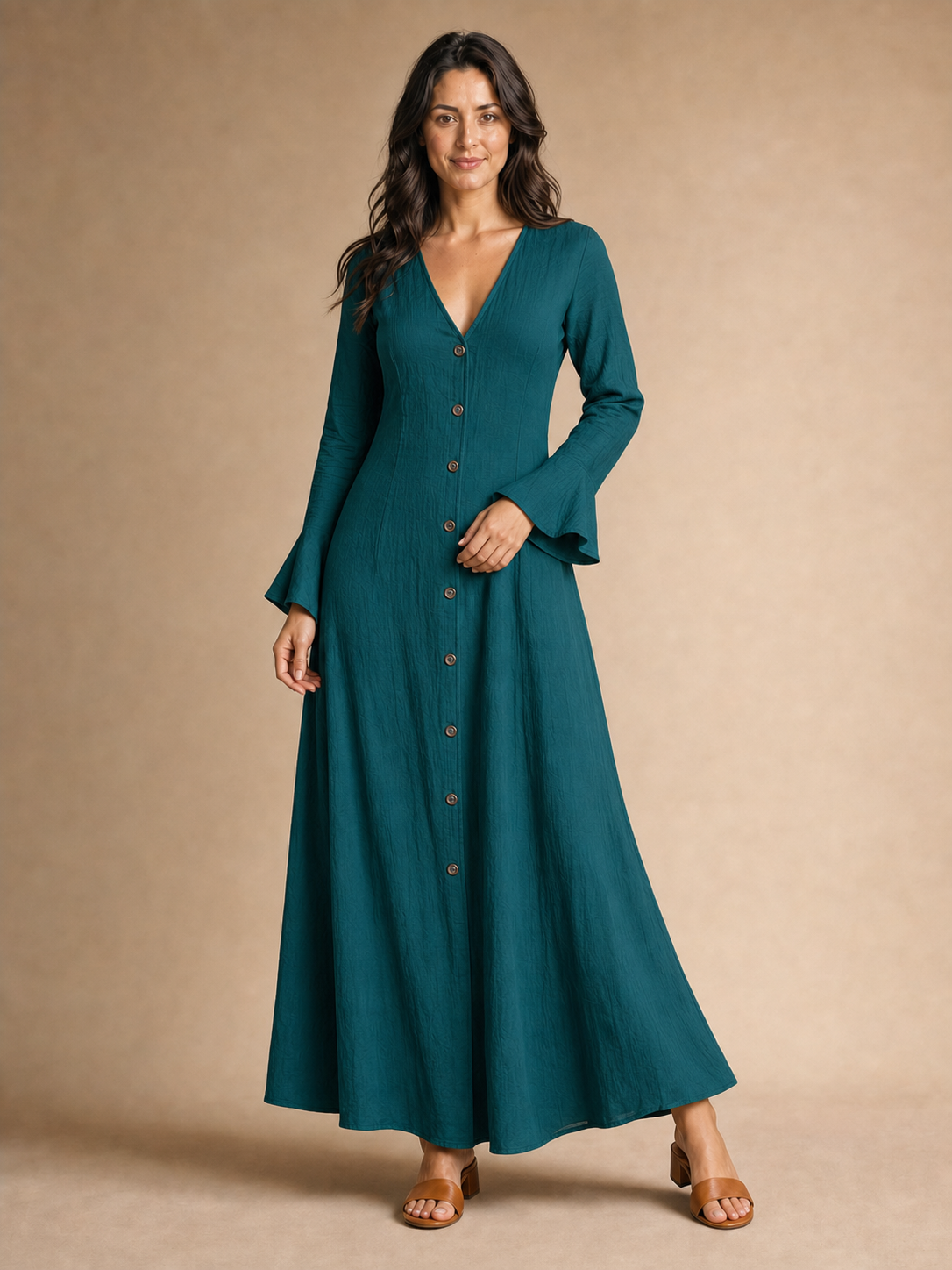 Women's deep teal V-neck bell-sleeve maxi dress