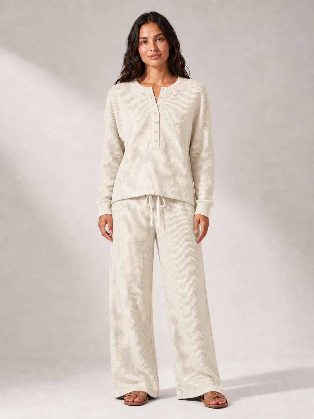 Women's waffle Henley wide-leg lounge set in ivory cream
