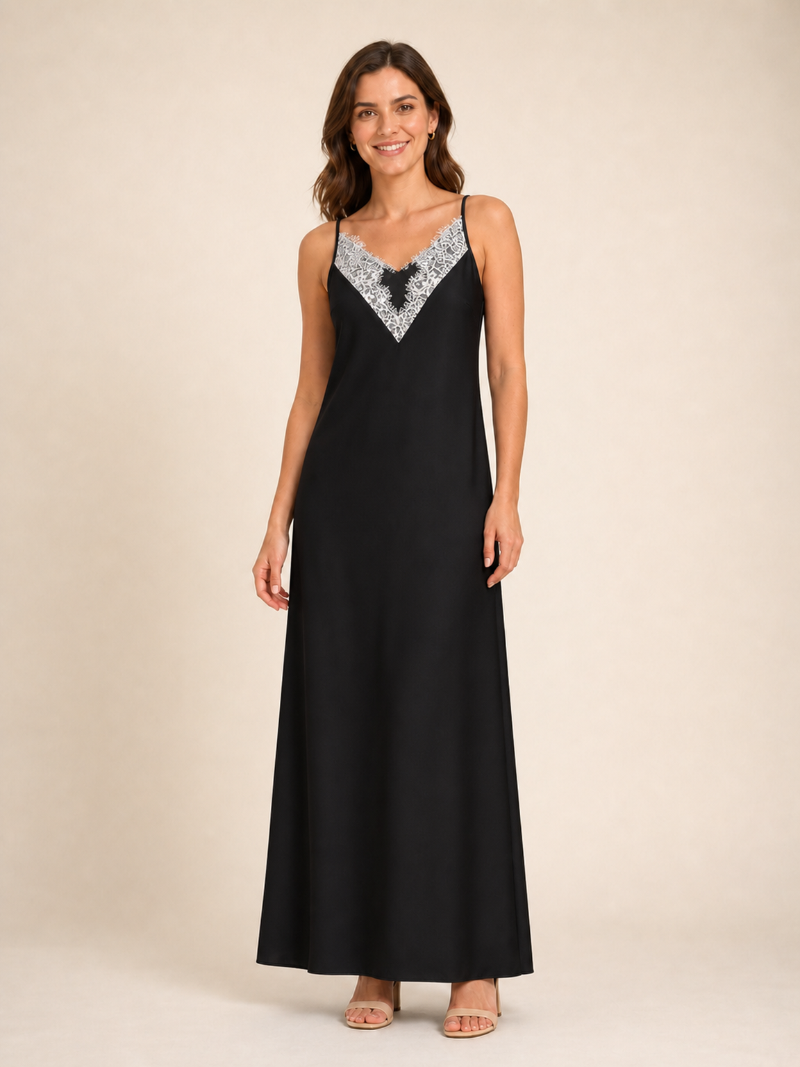 Women's black lace trim slip maxi dress