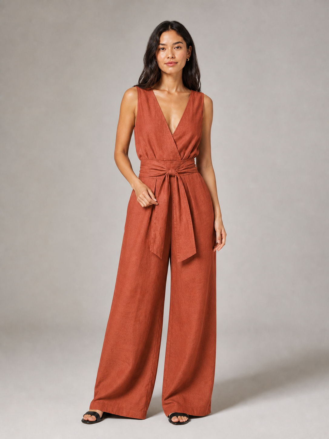 Women's terracotta wrap V-neck wide-leg jumpsuit
