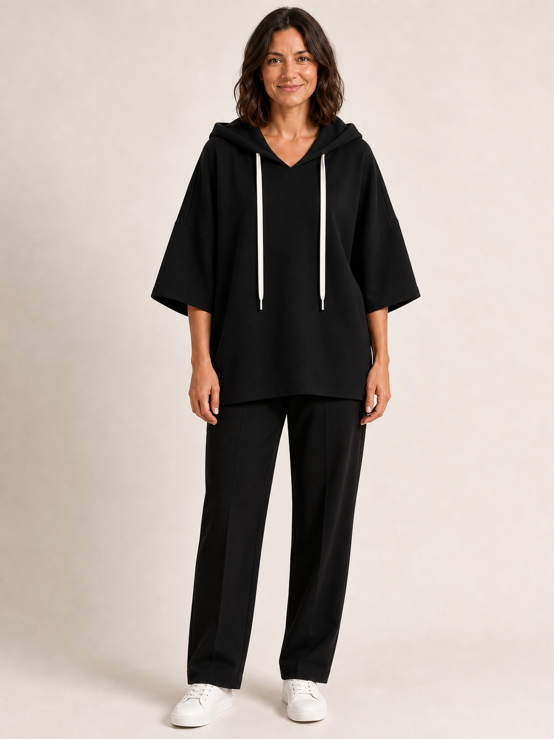 Women's black oversized short-sleeve hoodie top
