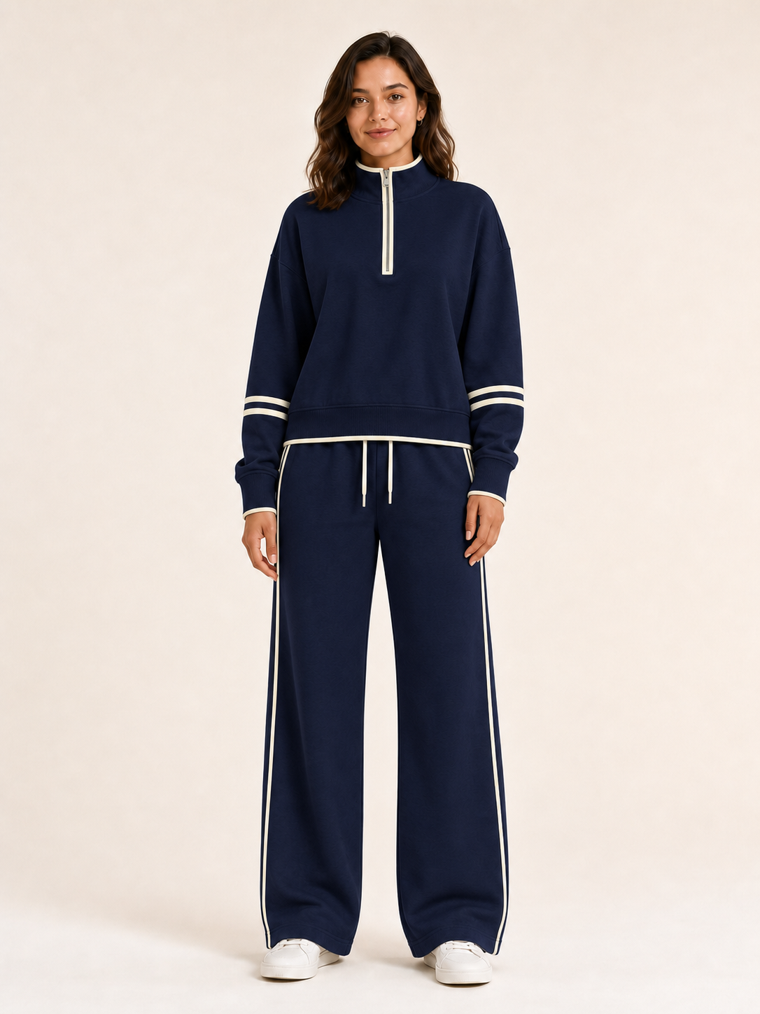 Women's half-zip wide-leg set in deep navy and ivory