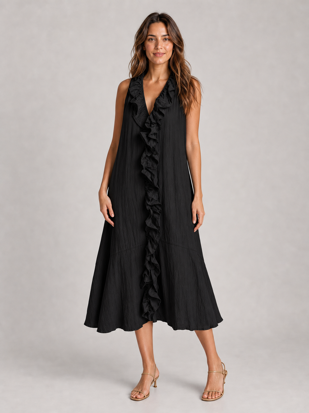 Women's black cascading ruffle loose midi dress
