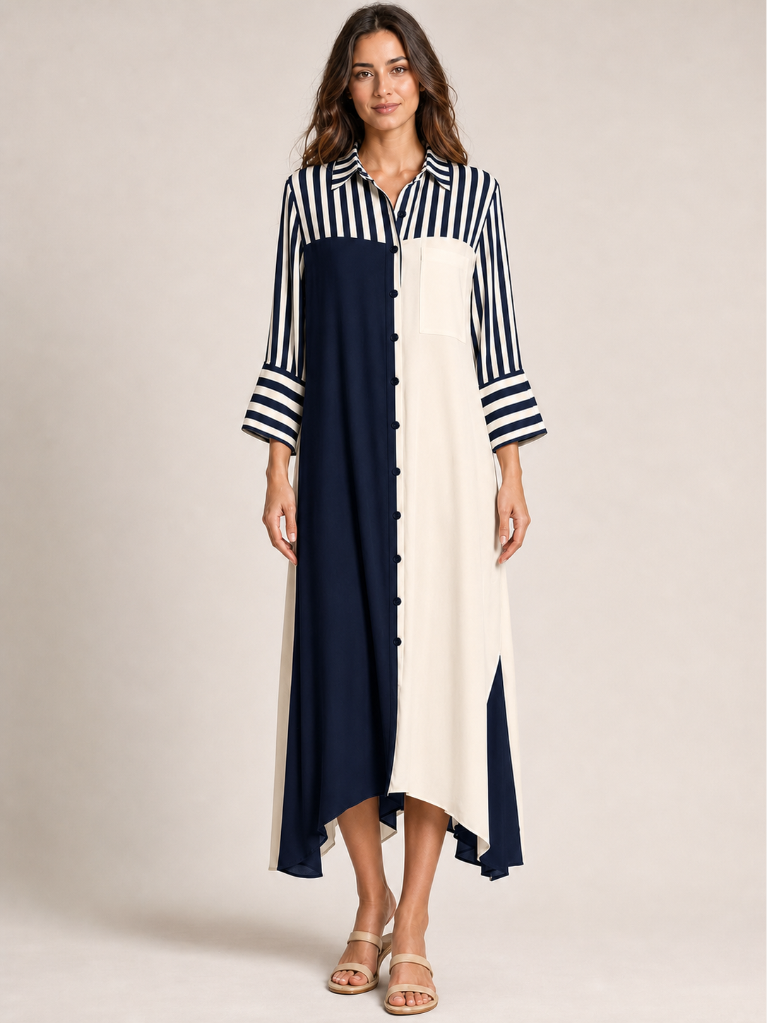 Navy ivory colorblock striped shirt dress