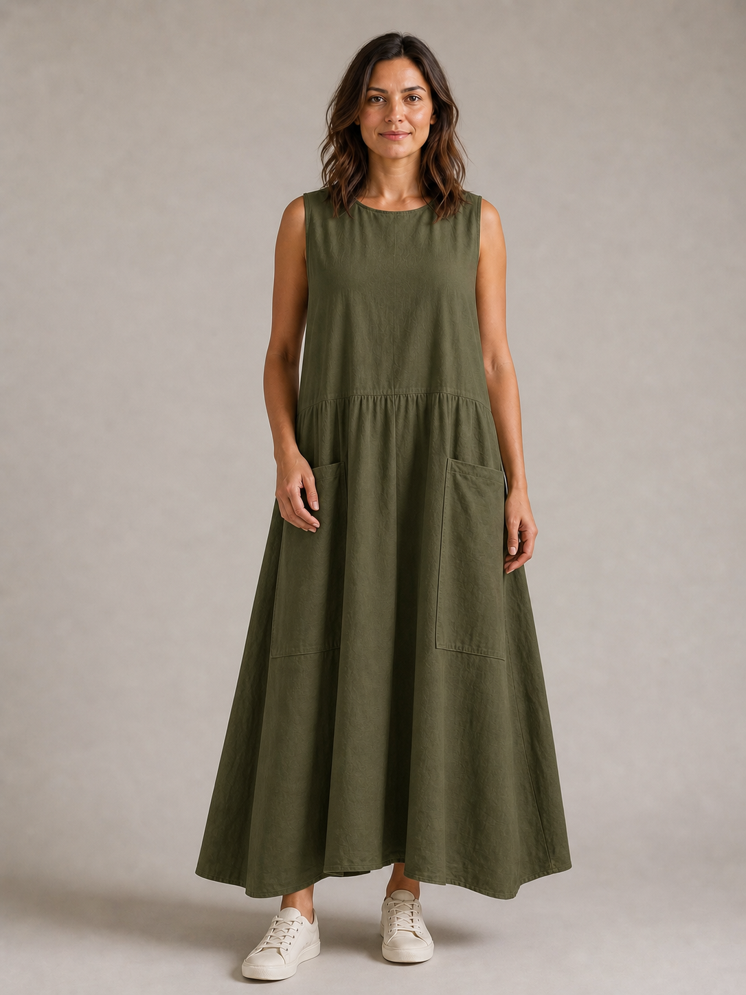 Women's olive green sleeveless utility pocket maxi dress