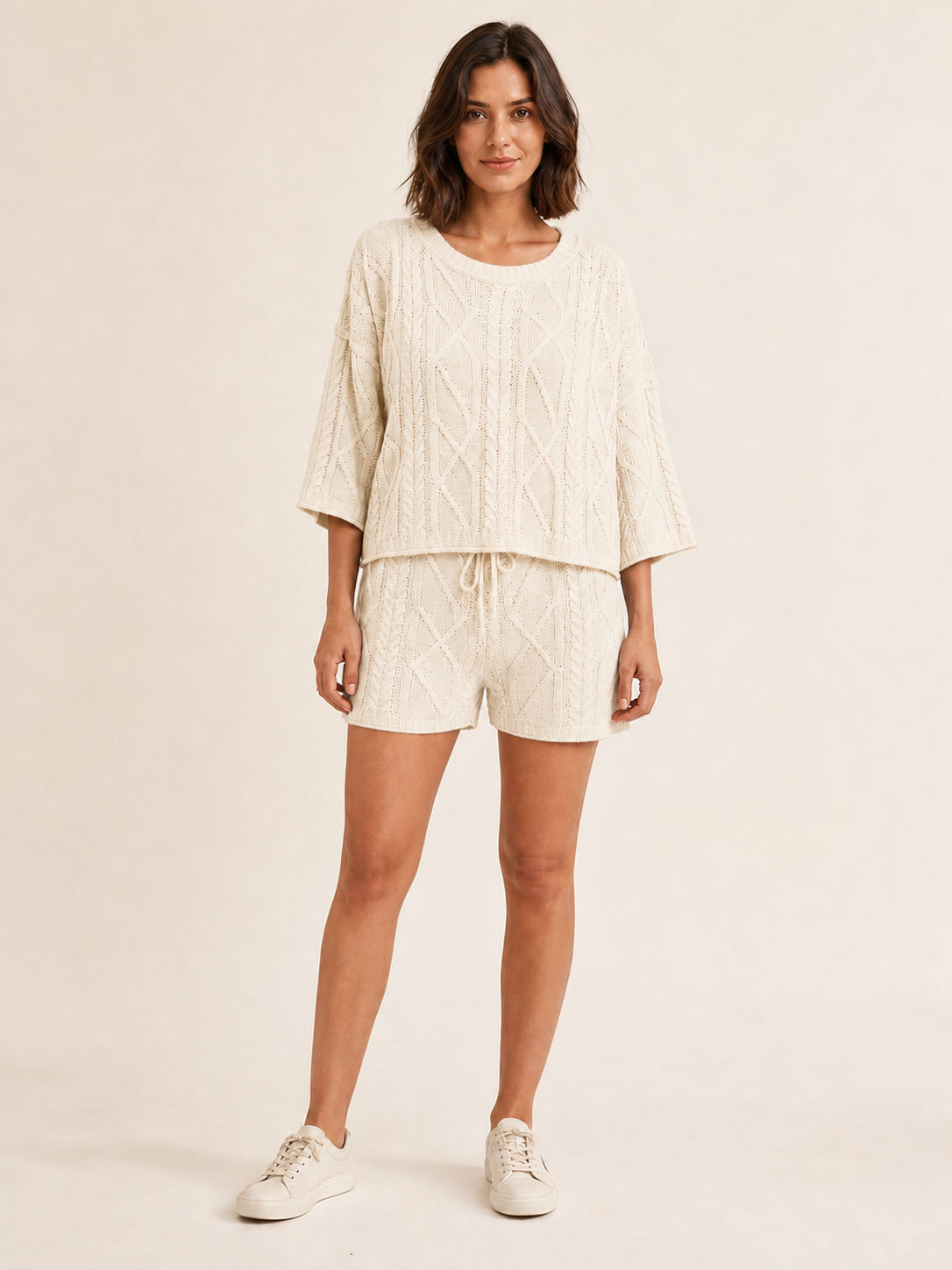 Women's ivory openwork cable-knit top and shorts set