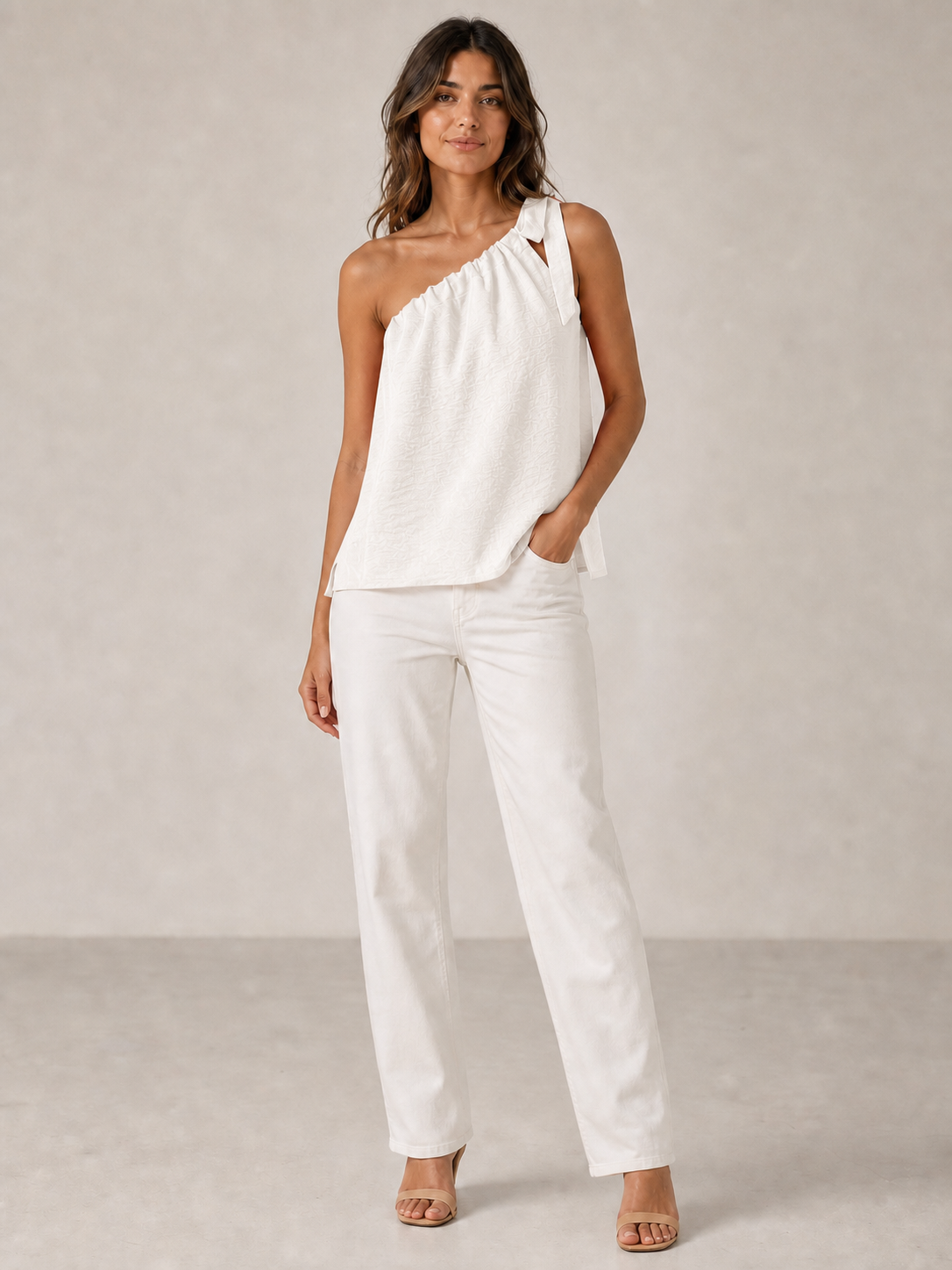 Women's ivory white one-shoulder tie loose top