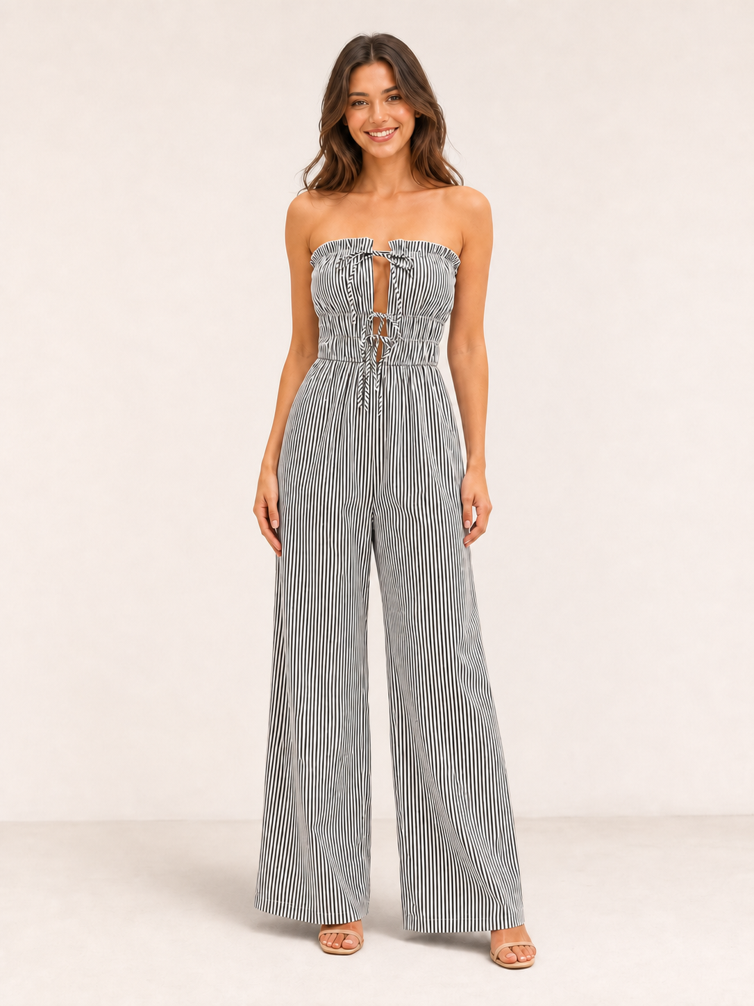 Women's black and white striped strapless wide-leg jumpsuit