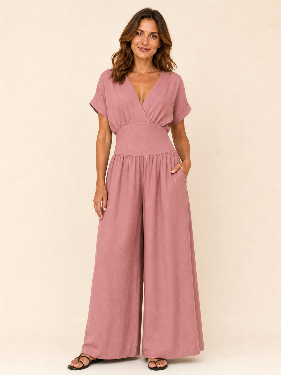 Women's dusty rose surplice wide-leg jumpsuit