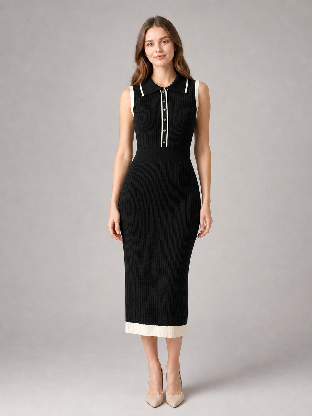 Women's black and ivory sleeveless knit polo midi dress