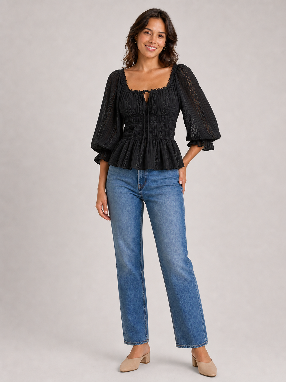 Women's black square-neck smocked-waist lace blouse