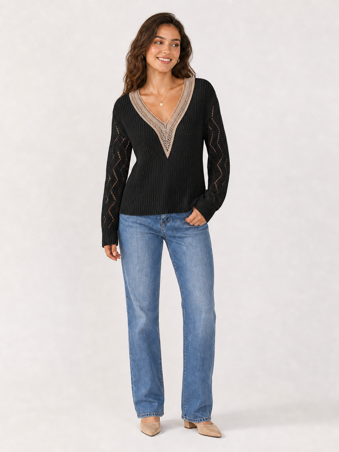 Women's openwork crochet V-neck knit top in black