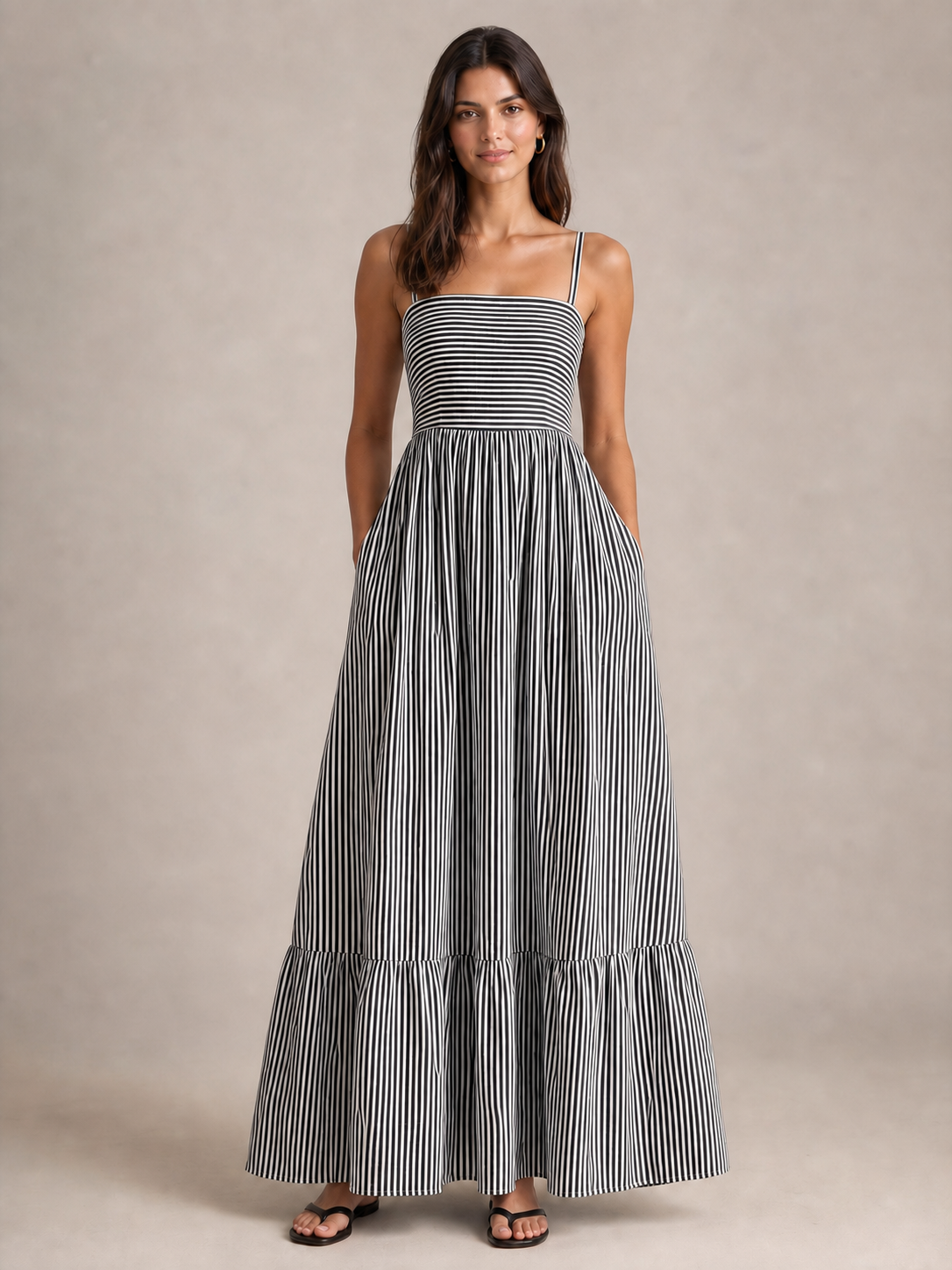 Women's black-white striped tiered maxi dress