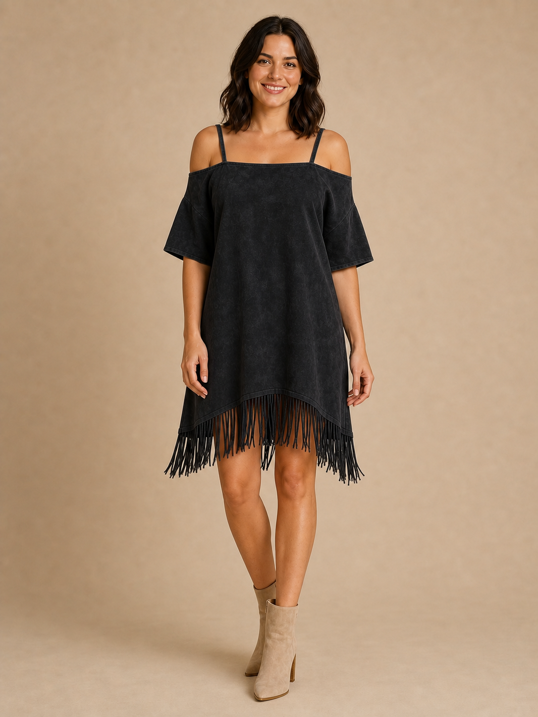 Women's black washed cold shoulder fringe shift mini dress
