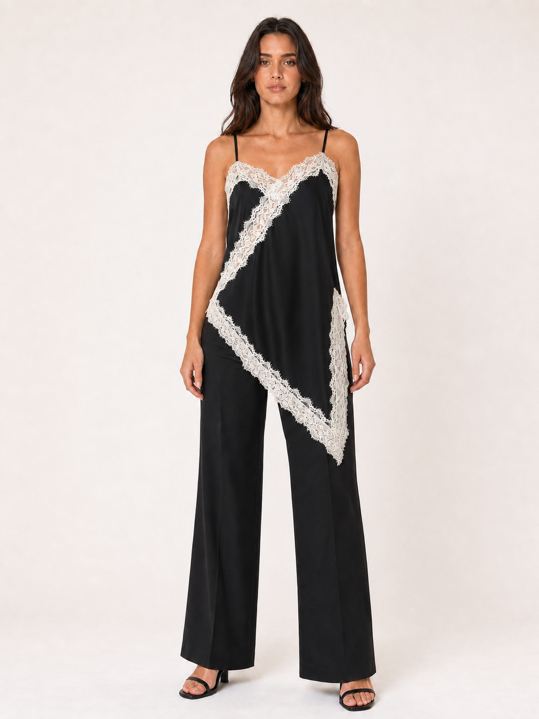 Women's black camisole with ivory contrast lace