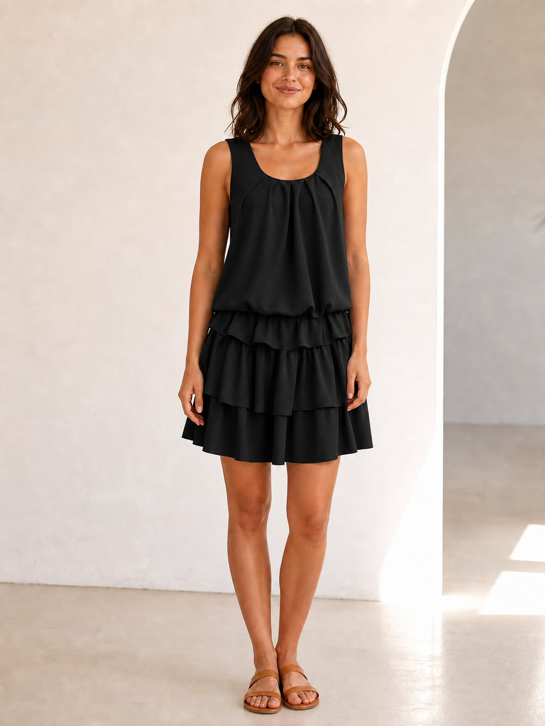 Women's black pleated blouson tiered flounce mini dress