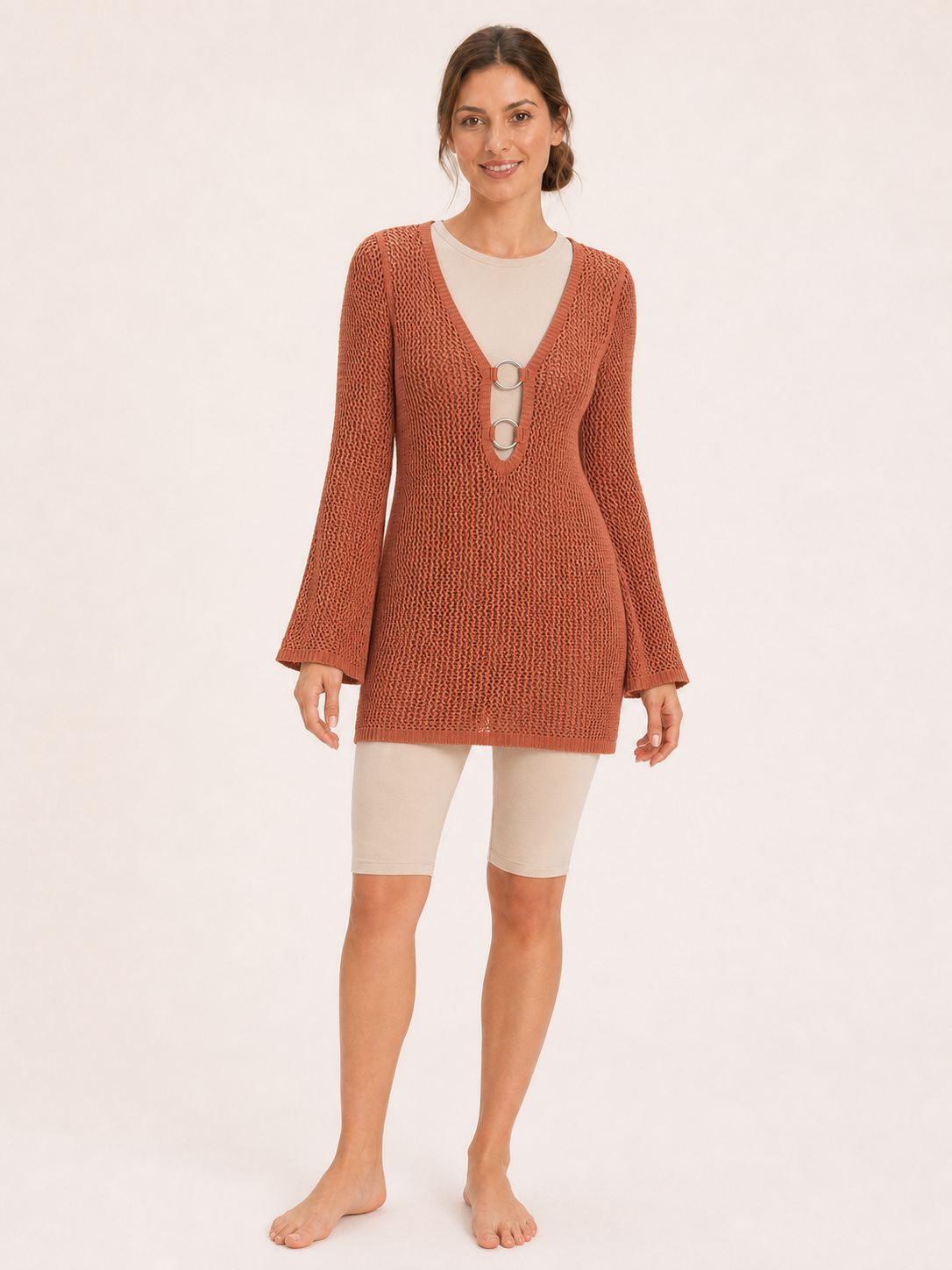 Women's terracotta double-ring open-knit cover-up