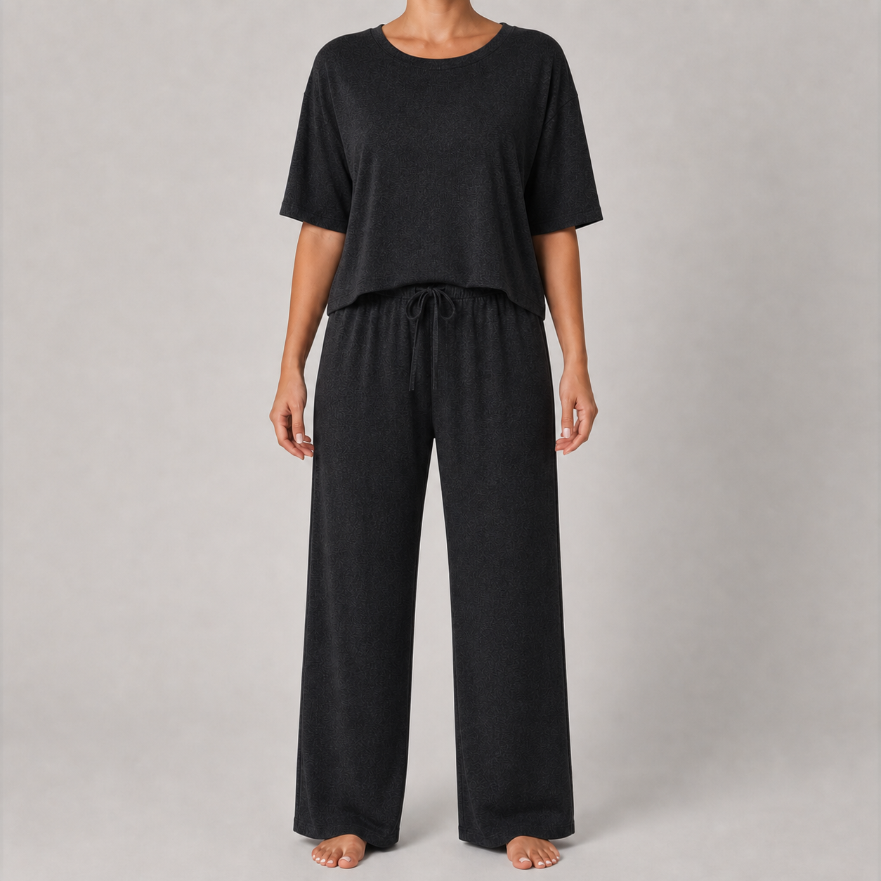 Midnight black women's relaxed top and wide-leg pants lounge set