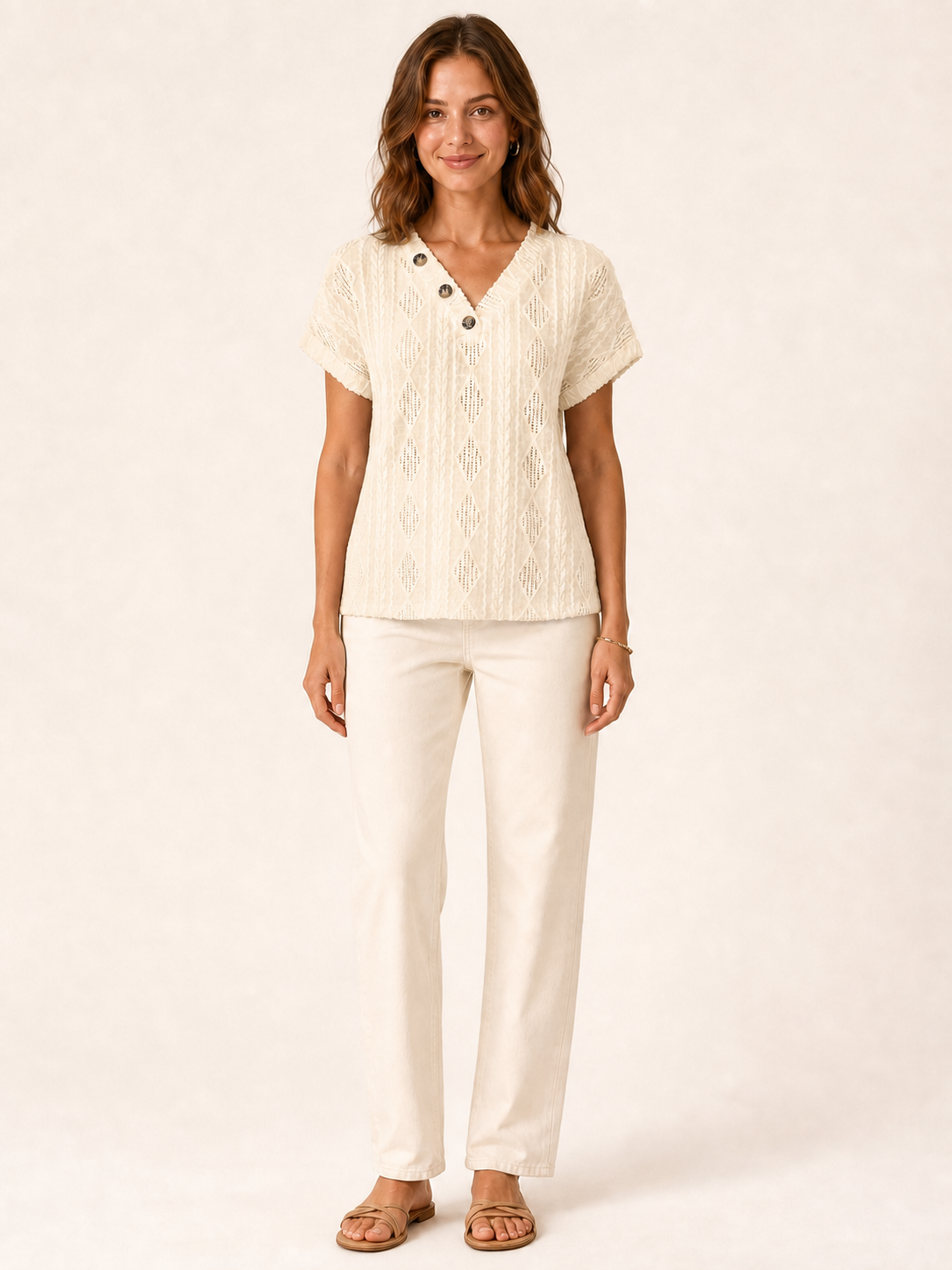 Women's openwork three-button top in warm ivory