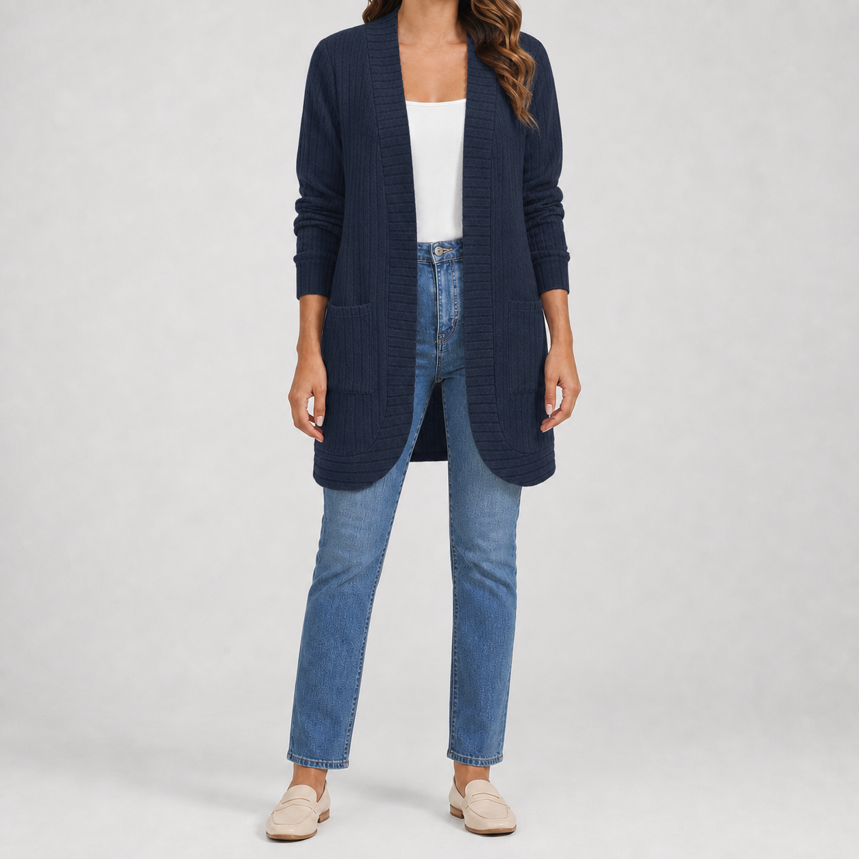 Deep navy women's ribbed open-front long cardigan