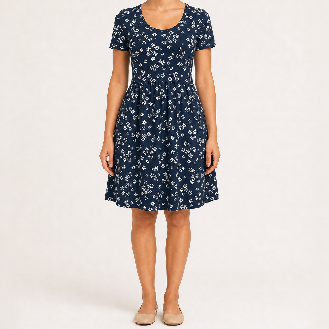 Deep navy floral scoop neck pocket dress