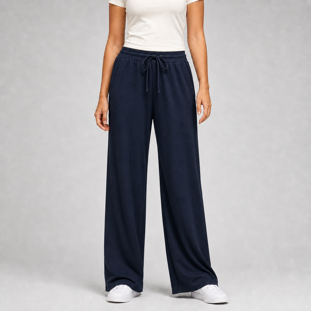 Deep navy women's drawstring wide-leg pants