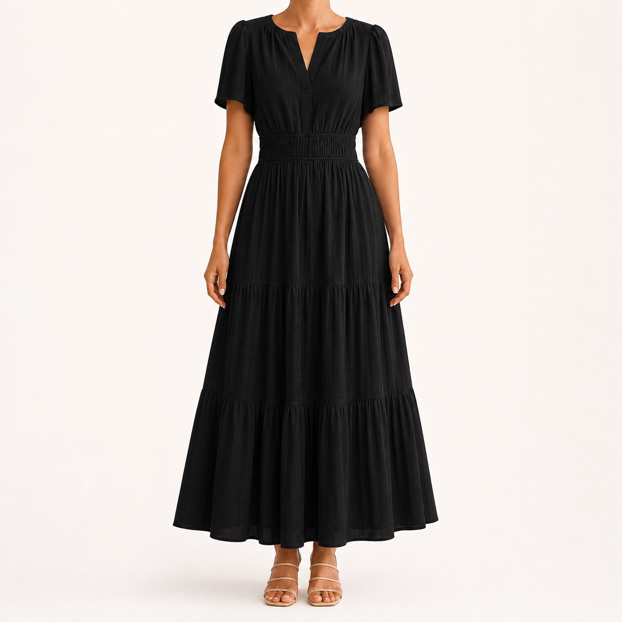 Women's black smocked-waist tiered maxi dress