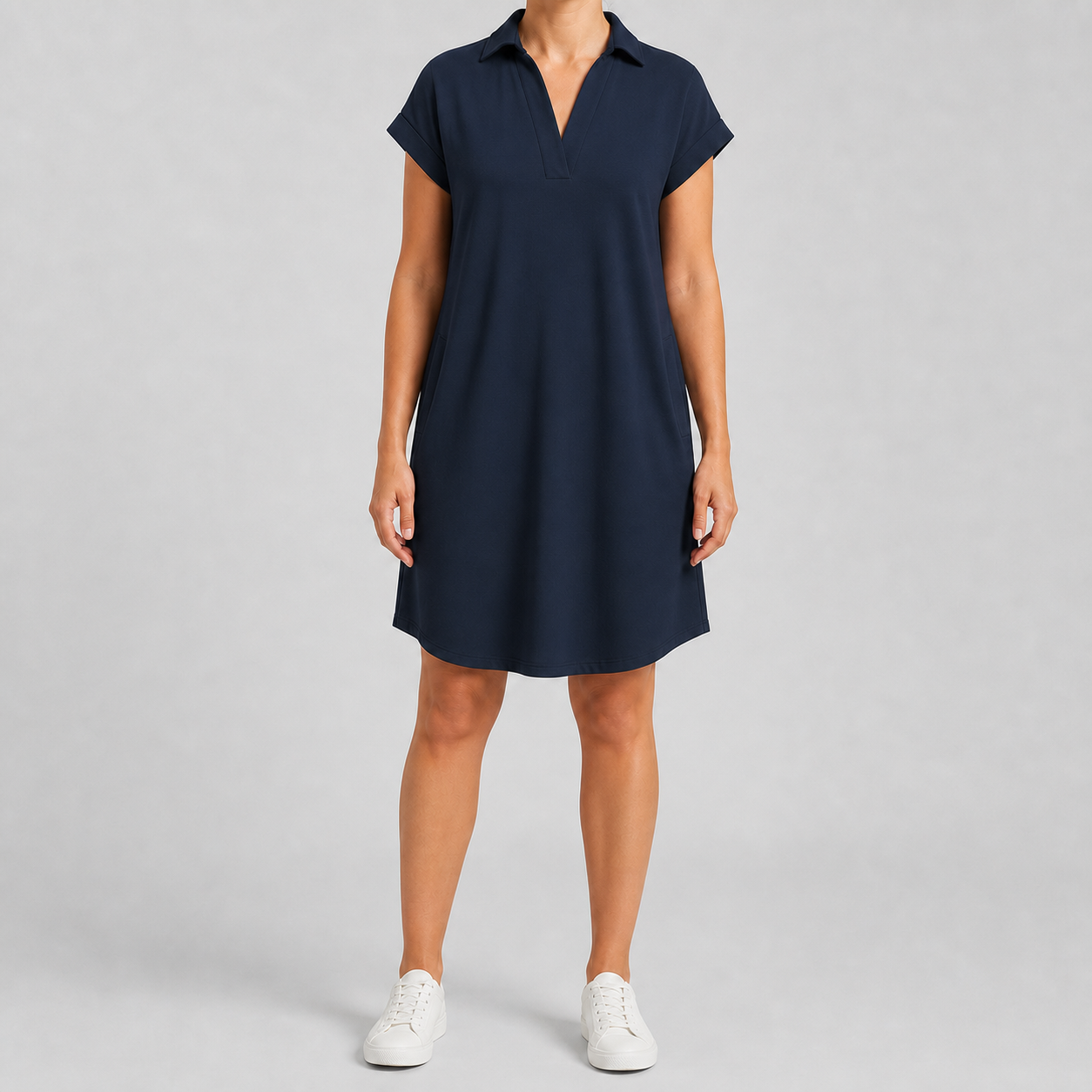 Deep navy women's collared short-sleeve pocket dress