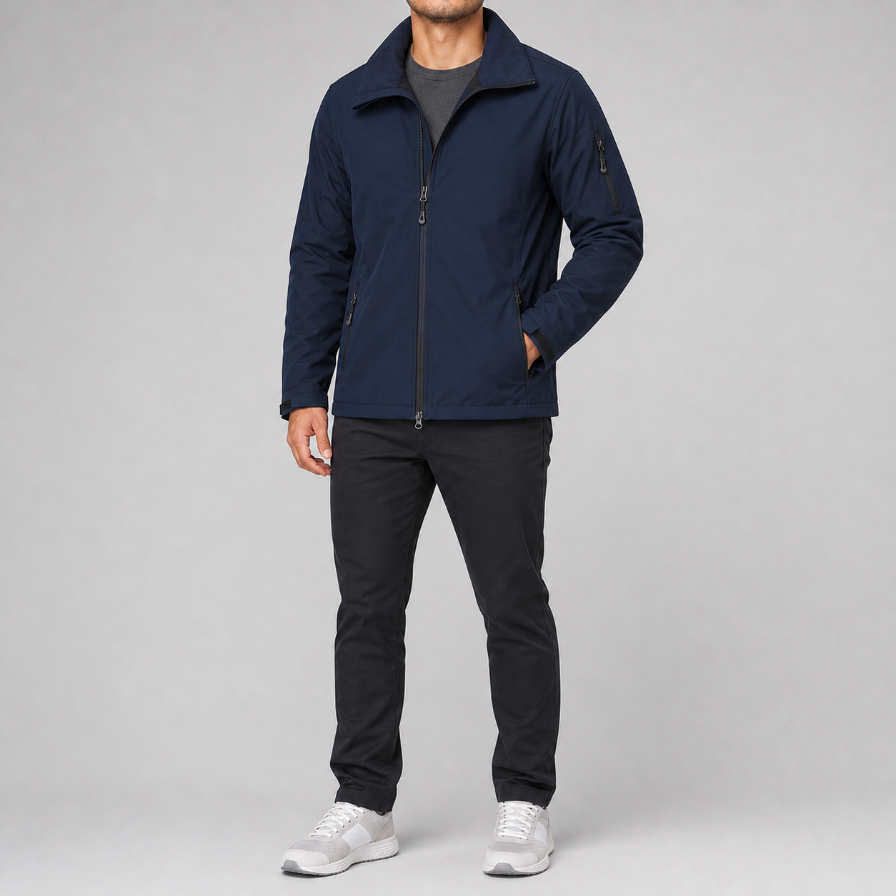 Deep navy men's hooded full-zip softshell jacket
