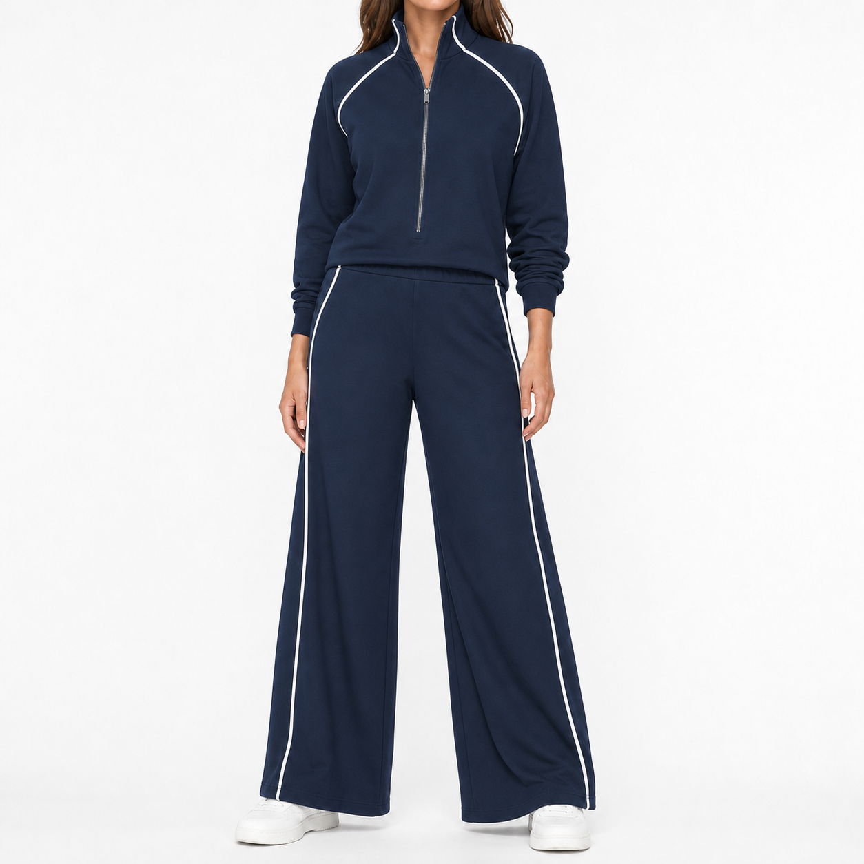 Deep navy women's piped quarter-zip wide-leg set