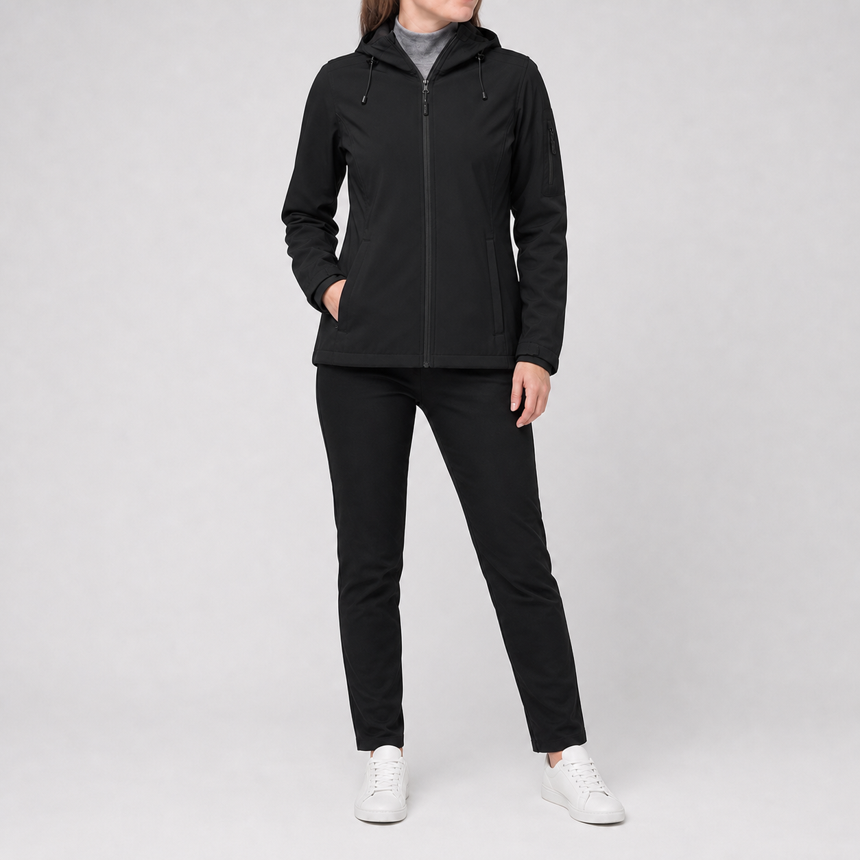 Black women's lightweight hooded full-zip rain jacket
