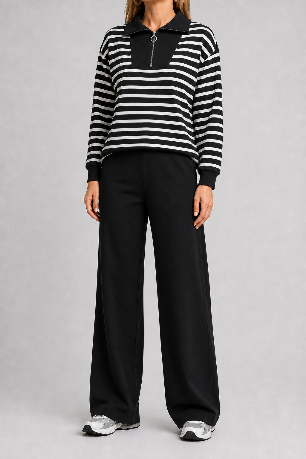 Black stripe women's quarter-zip wide-leg set