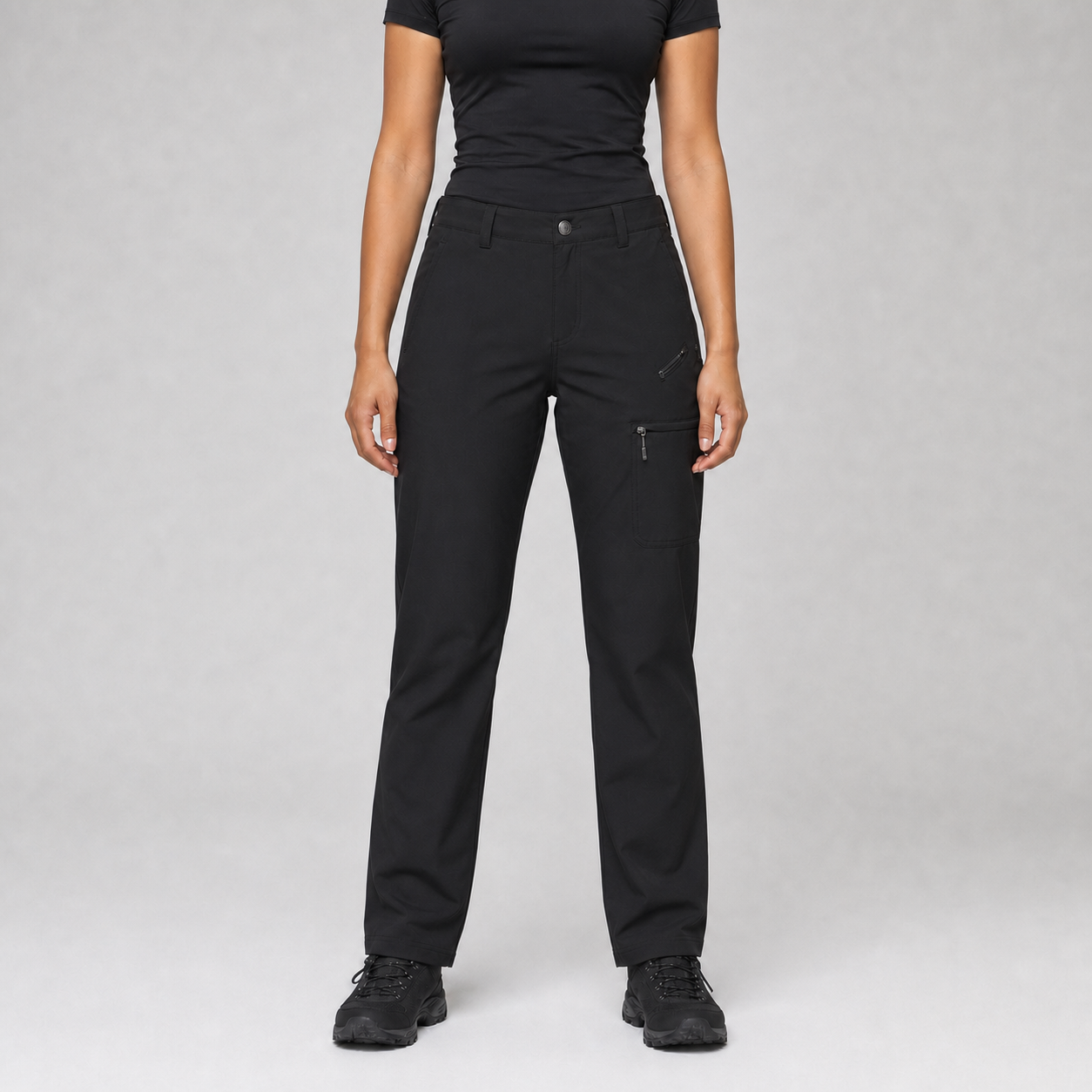 Black women's straight-leg cargo hiking pants