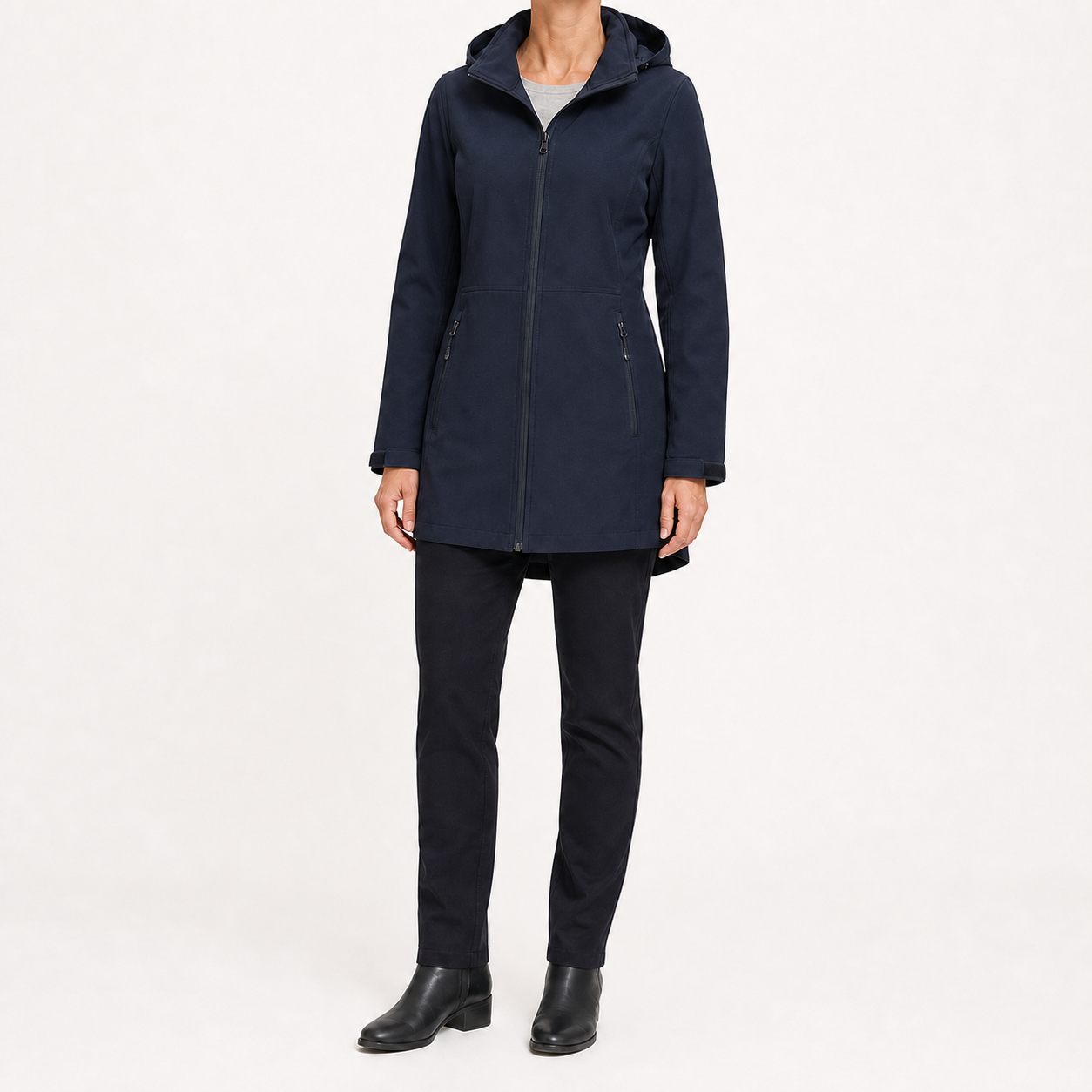 Navy blue women's hooded mid-length zip jacket